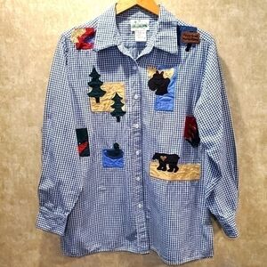 Cabin Core Gingham Applique Art Button-down Shirt